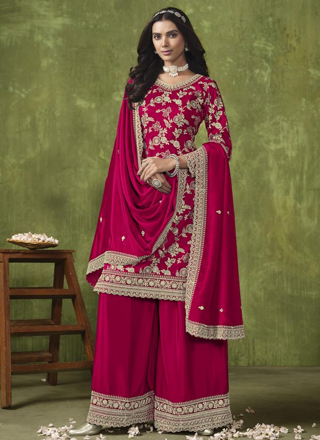 Dola Silk Jacquard Hot Pink Wedding Wear Embroidery Work Plazzo Suit